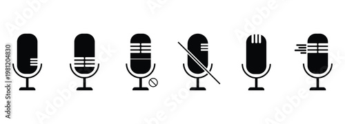Audio set microphone on and mute icon set. Microphone icons showing mute and unmute status, Mic icon, voice icon symbol buttons. Vector illustration