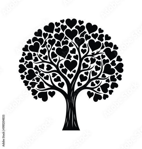 愛と生命の象徴、ハートの葉で覆われた美しい木。ロマンチックなデザイン、結婚式やバレンタインデーのグラフィック素材、ベクターイラスト。