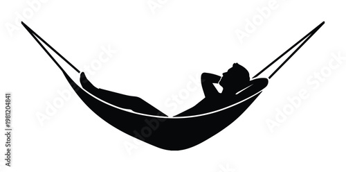 ハンモックでリラックスする人物のシルエット、休息と休暇の象徴、シンプルなベクターイラスト素材、ウェブサイトやアプリのアイコンに最適