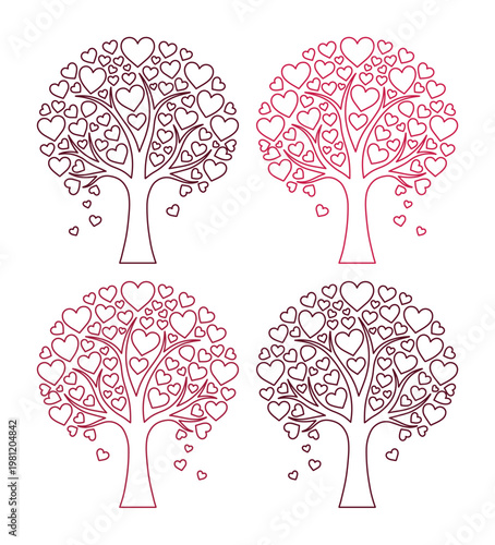 愛とロマンスを象徴するハートの葉を持つ木々、バレンタインデーや結婚式のデザインに最適なベクターイラスト素材集、4つの異なるグラデーションカラーで表現された愛の木。