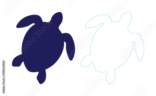 シンプルでモダンなウミガメのシルエットとアウトラインアイコンセット。海の生物、水生動物のベクターイラスト。環境保護、海洋生物のグラフィック素材。