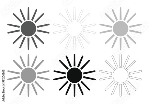 太陽のアイコンセット、様々な輝度とスタイルで表現された6つのシンプルな太陽イラスト、天気予報やウェブデザインに最適なベクター素材