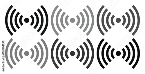 Wi-Fi信号と電波のアイコンセット、デジタル通信とワイヤレス接続を表現するモノクロベクター素材、ウェブサイトやアプリのUIデザインに最適なシンボルコレクション