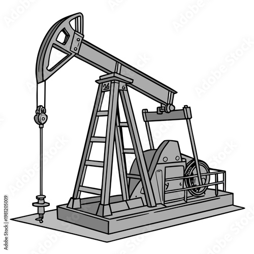 A detailed grayscale illustration depicts a classic pumping unit often called a nodding donkey used for extracting crude oil from the earth