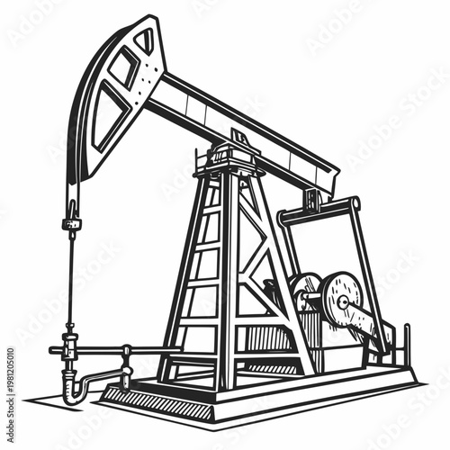 A detailed black and white illustration showcases a classic oil pump rig commonly known as a rocking horse used for extracting crude