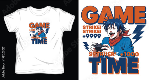 Anime boy playing video game, strike plus nine nine nine nine, game time graphic t-shirt.