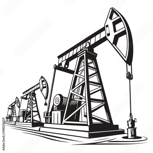 A detailed black and white illustration depicts multiple oil pumps commonly known as nodding donkeys extracting resources from the earth high quality