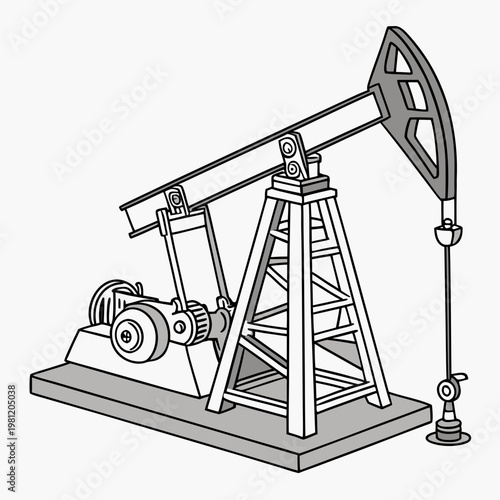 A detailed line drawing showcases a classic oil pump commonly known as a nodding donkey used for extracting crude oil from the