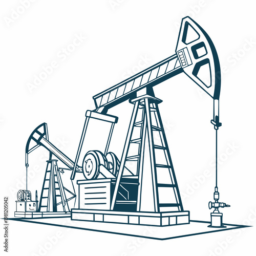 A detailed blue line drawing depicts two oil pumps commonly known as nodding donkeys extracting resources from the earth high quality professional