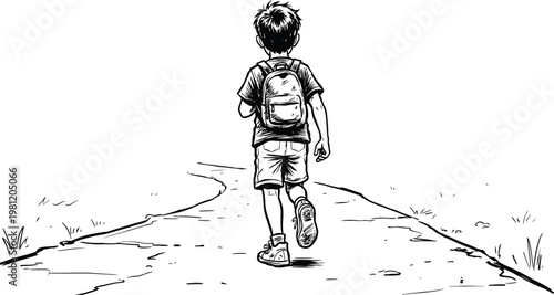 A young boy with a backpack walking away on a path