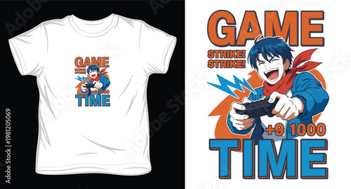 Excited anime gamer boy holding controller, game strike time plus nine one thousand.