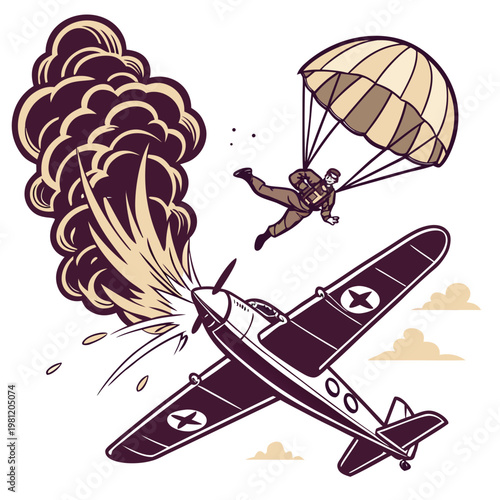 A vintage style illustration depicts a daring mid air rescue involving a parachuting figure and a propeller plane escaping an explosion