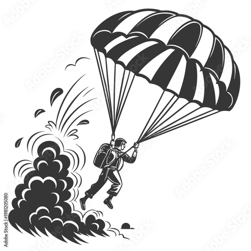 A vintage style illustration depicts a skydiver descending with a striped parachute amidst explosive smoke and dynamic atmospheric effects high quality professional