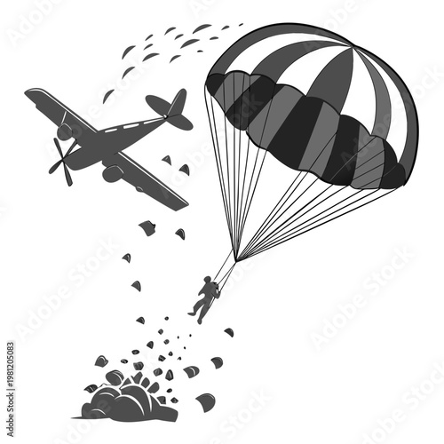 A black and white illustration depicts a parachutist escaping a plummeting airplane amidst scattered debris and smoke high quality professional detailed modern