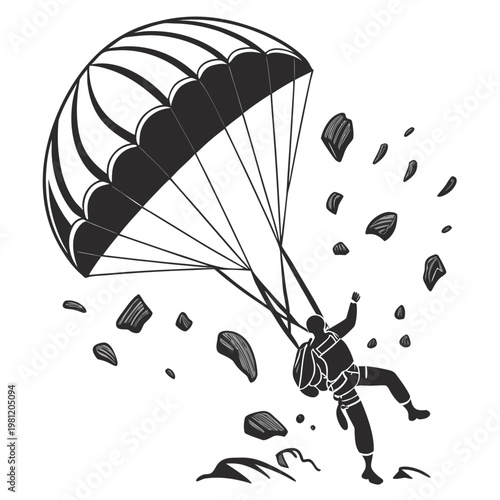 A striking black and white illustration depicts a skydiver descending with a partially ripped parachute emphasizing danger and freefall high quality professional