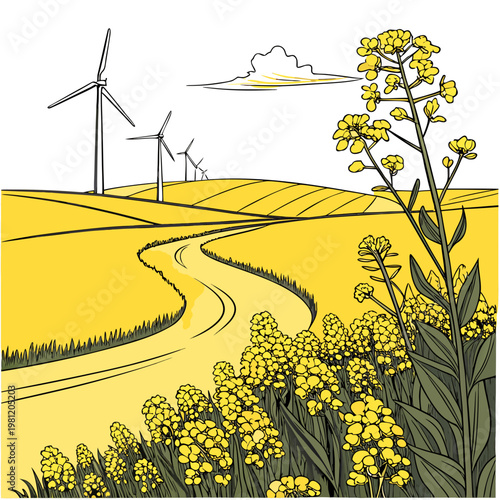 A vibrant illustration depicts a winding road through a yellow rapeseed field with distant wind turbines on a gentle hill high quality