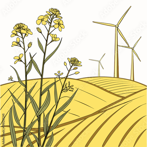 A stylized illustration depicts vibrant yellow rapeseed flowers blooming in a field alongside distant wind turbines symbolizing renewable energy high quality professional