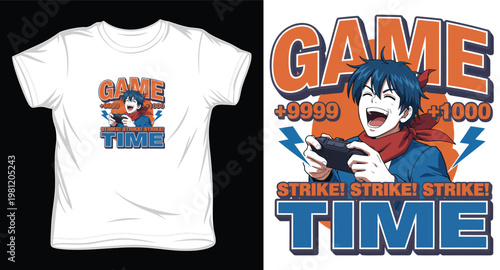 Anime gamer boy with controller, game strike time plus nine nine nine nine plus one thousand.
