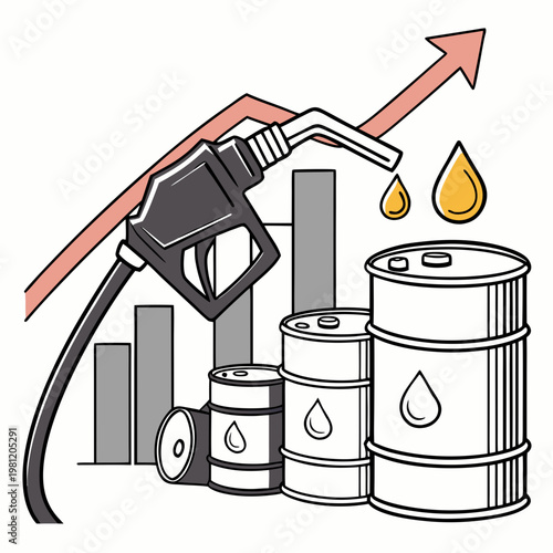 An illustration depicts a rising graph alongside a gas pump oil barrels and droplets symbolizing increasing fuel and oil prices high quality