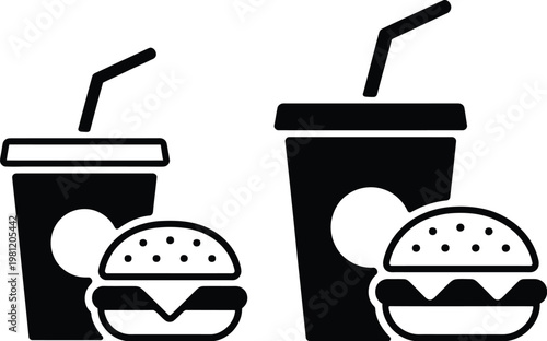 Fast food icon set outline and glyph style hamburger and soft drink symbols vector illustration isolated design elements