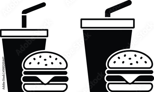 Fast food icon set outline glyph style hamburger burger and soft drink cup vector illustration food symbols isolated design