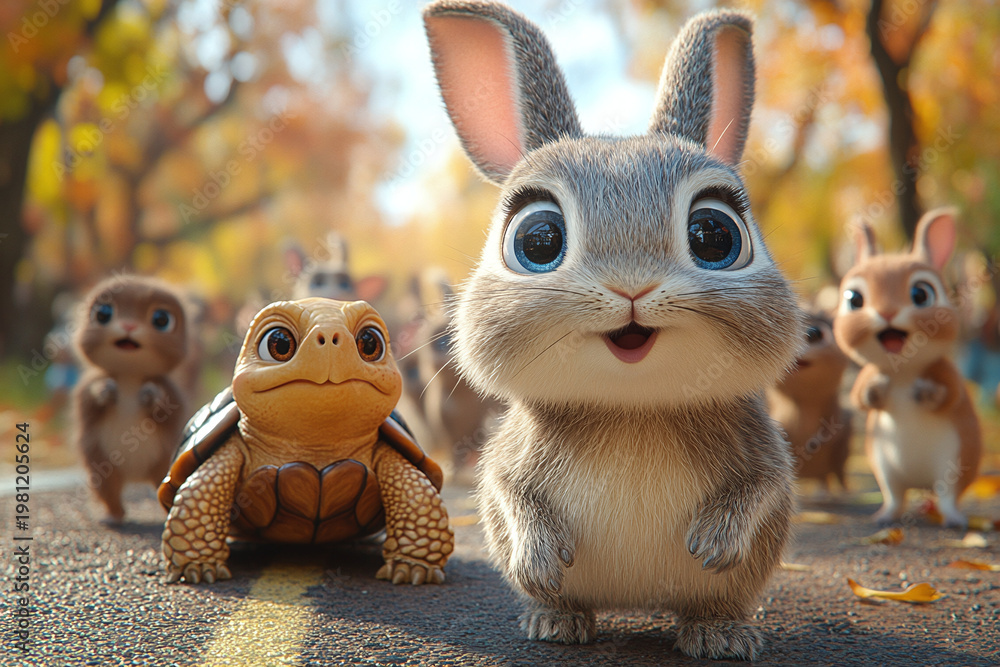 Fototapeta premium A cartoon rabbit and tortoise wait at the starting line of a race in a cheerful outdoor scene. Fable, competition, patience, and playful storytelling define the illustration.
