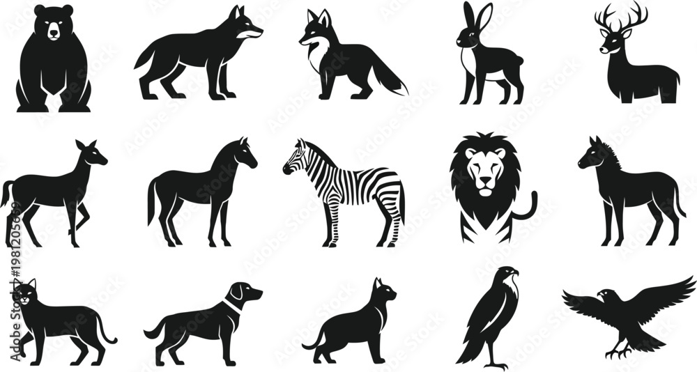 Fototapeta premium Collection of 12 animal silhouettes in black and white