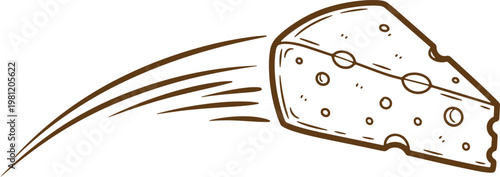 Flying wedge of cheese with holes vector outline drawing illustration for dairy products.