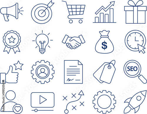 Business and Marketing Line Icon Set for Digital Strategy Startup Success E-commerce Growth Finance and Management