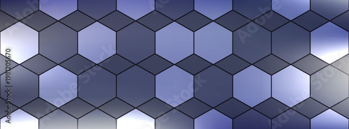Abstract blue vector banner with a complex geometric pattern of interlocking hexagons, diamonds, and linear grids. Modern futuristic tech background.