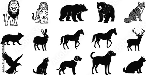Collection of 14 black silhouettes of various animals