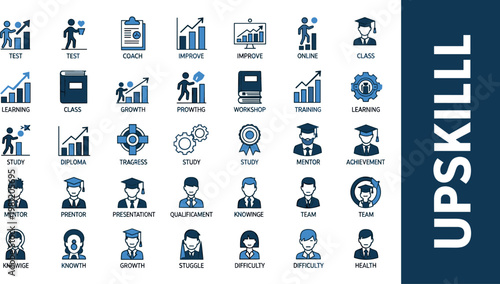 Upskill flat icon set with learning training coaching career growth education and professional development symbols for business design