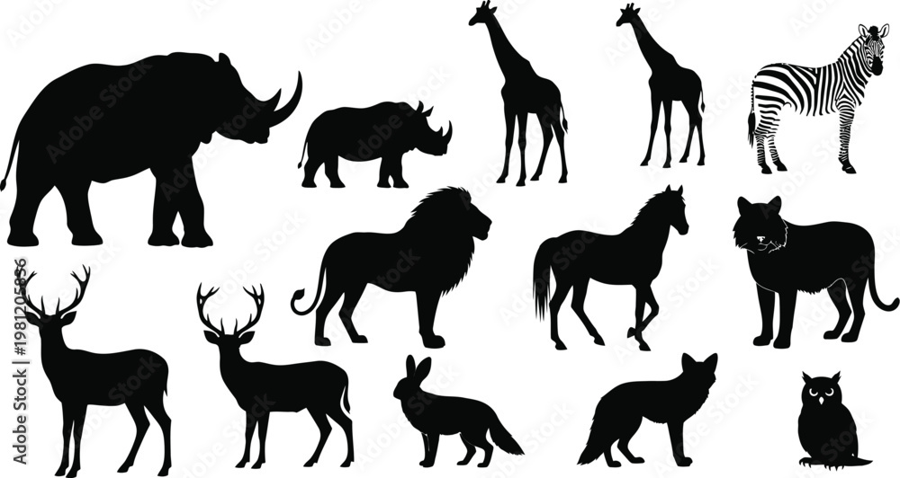 Fototapeta premium Silhouettes of various african and domesticated animals