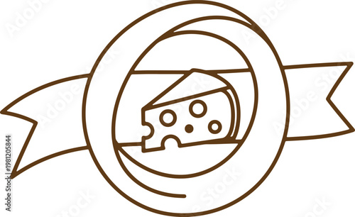 Cheese emblem with circular badge and ribbon design for organic dairy product marketing.