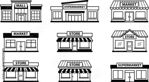 Vector graphic illustration of various retail storefronts and buildings