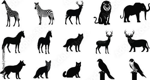 Collection of animal silhouettes featuring mammals and a bird