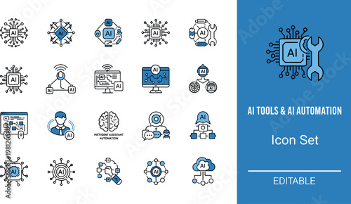 AI tools and automation flat icon set with machine learning robotics data processing and artificial intelligence symbols for technology design