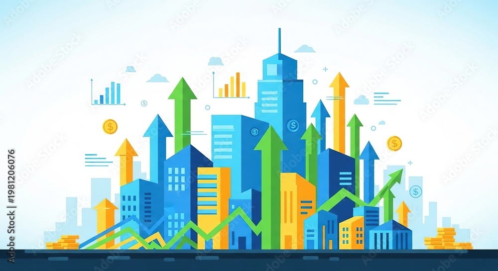 Fototapeta premium 3d cityscape with upward growth arrows and financial icons for business success