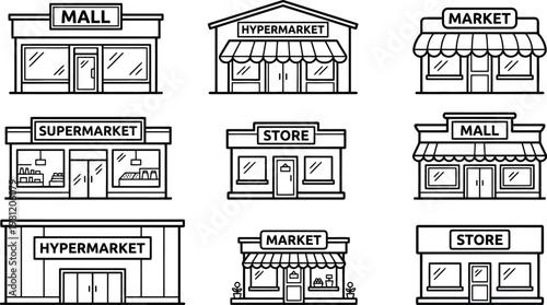 Various retail storefronts and supermarkets in a vector graphic illustration