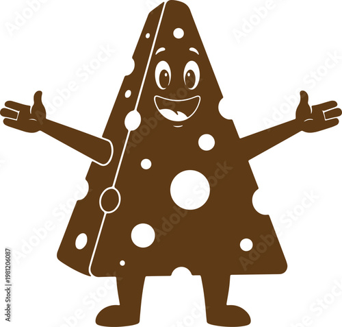 Funny cheese character cartoon slice with holes and arms on transparent background.