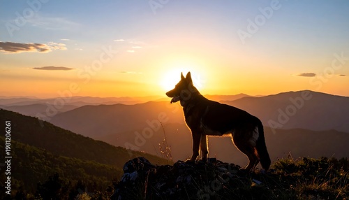 Silhouetted dog atop a mountain peak basks in warm sunlight during a scenic sunset over a layered mountain range