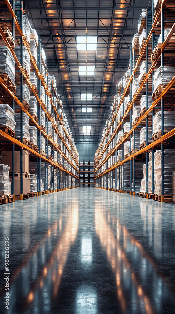 Fototapeta premium Modern warehouse interior with endless storage racks and reflective industrial floor.