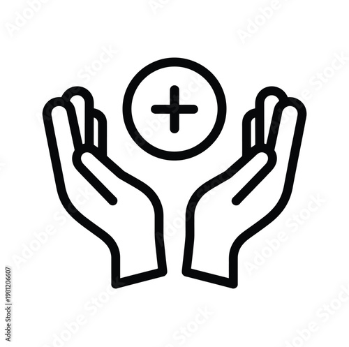 Hands cupped outline icon holding circle plus sign care support protection symbol isolated vector illustration