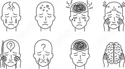 Line art illustrations of faces expressing various mental and emotional states