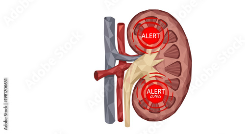 Detailed medical illustration of kidney anatomy highlighting pain areas with alert symbols, featuring realistic textures and vibrant colors on a white background