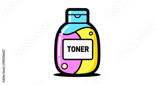 Colorful cartoon illustration of a facial toner bottle with abstract design in blue, pink, and yellow, outlined in black, on a white background