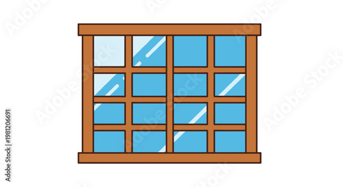 Illustration of a wooden lattice window with a grid pattern, featuring blue glass panes reflecting light, set against a simple white background