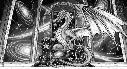 Dragon on a throne with cosmic background in black and white illustration