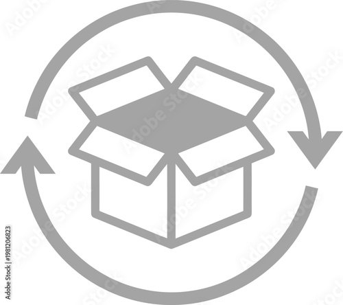 Vector graphic illustration of a cardboard box with a circular arrow symbolizing recycling and reuse in a modern design