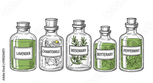 Illustration of glass jars containing herbal extracts like lavender, chamomile, rosemary, and peppermint, arranged in a row with detailed botanical labels
